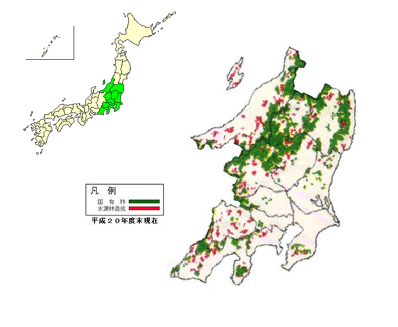 関東整備局管内の水源林造成事業位置図