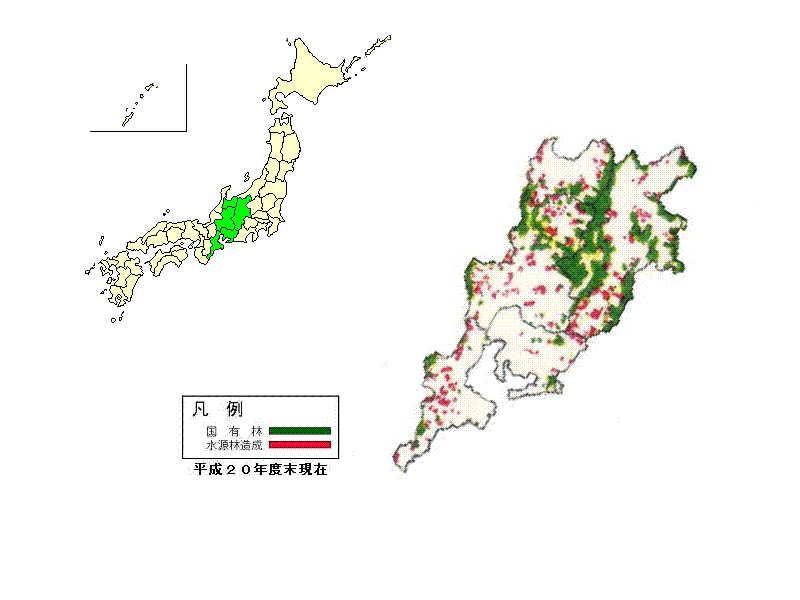 中部整備局管内の水源林造成事業位置図