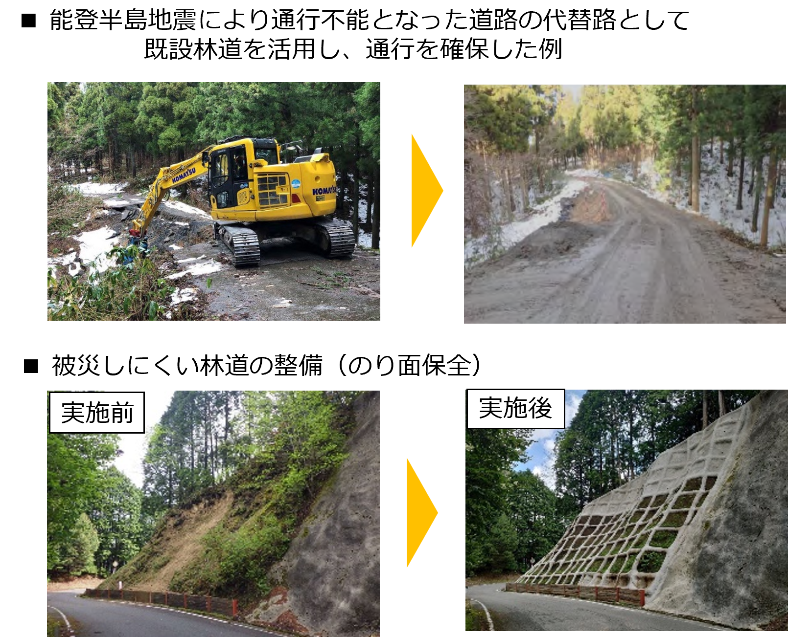「能登半島地震により通行不能となった道路の代替路として既存林道を活用し、通行を確保した例」の写真と、「被災しにくい林道の整備（のり面保全）」の写真です。
