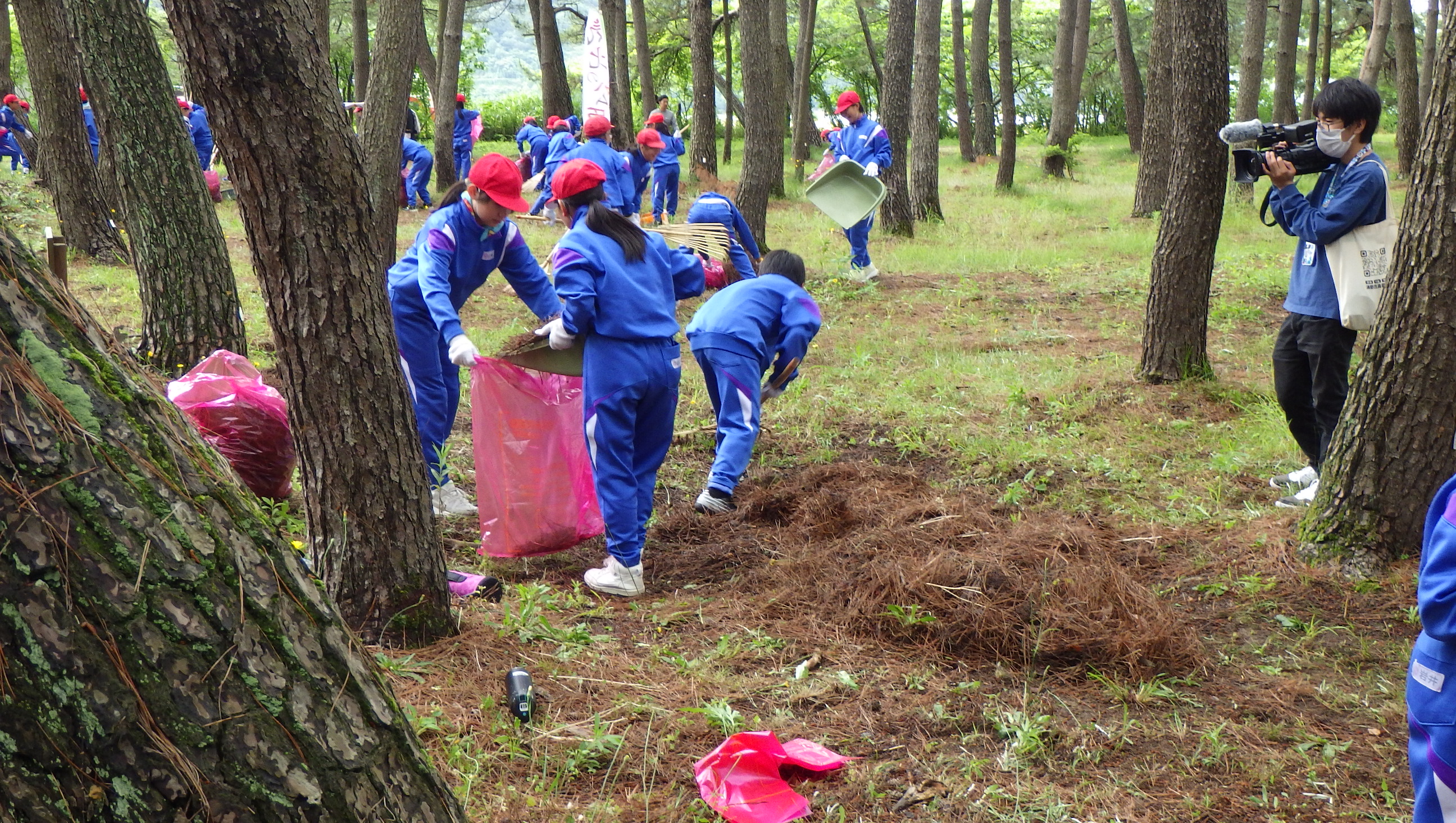 グループになって松葉かきをする小学生たち