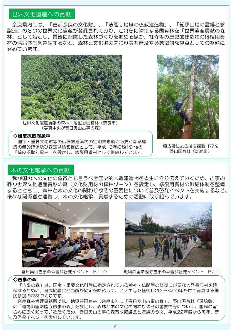 世界文化遺産への貢献、木の文化継承への貢献の説明