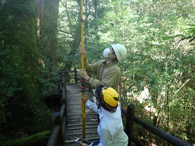 測棹を上げてカメラの位置を調整する実習生