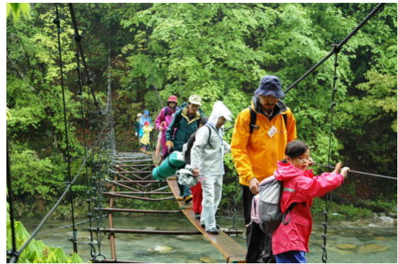 緊張する最初の吊り橋