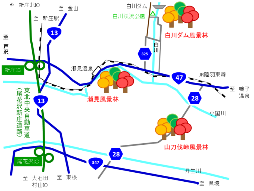 瀬見・白川ダム・山刀伐峠風景林マップ